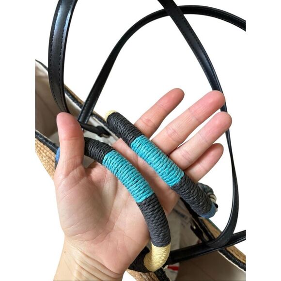 Rebecca Minkoff Woven Straw Tote Shoulder Bag Tan Blue Teal - Picture 13 of 15